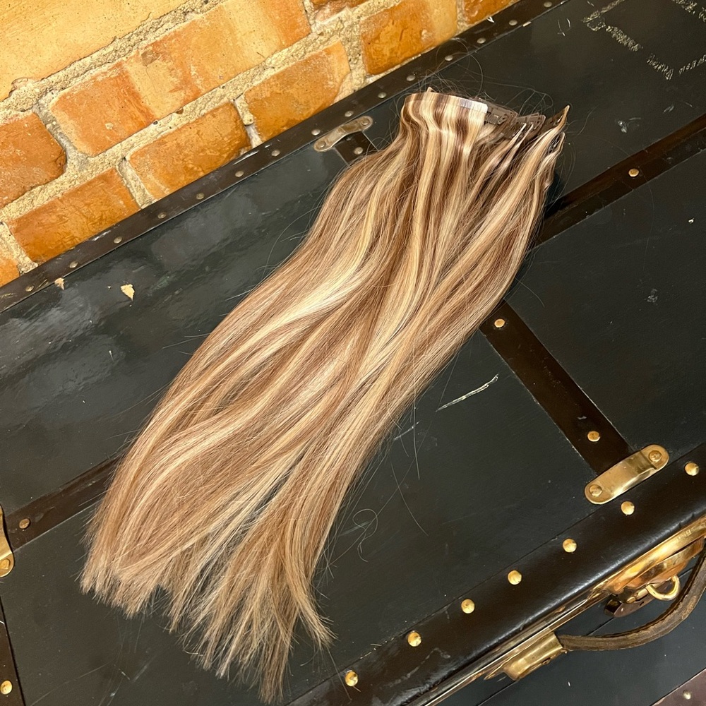 Zala 9 Piece Clip in Human Hair Extensions in Sun-kissed Highlights